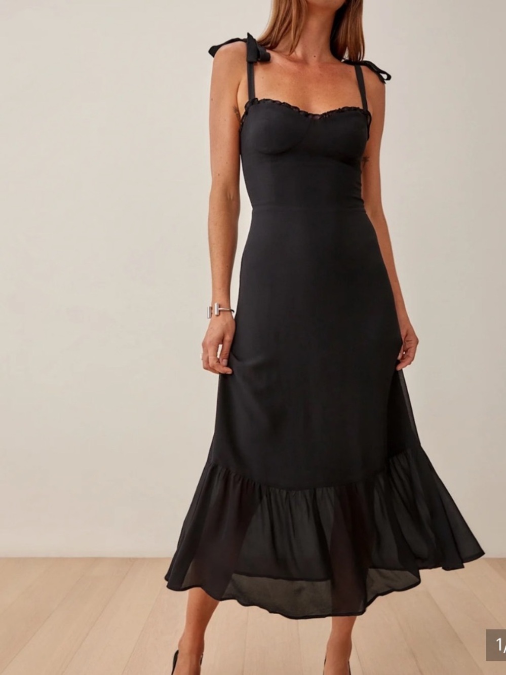 Reformation Black Tie-Shoulder Georgette Frill Hem Maxi Dress 4